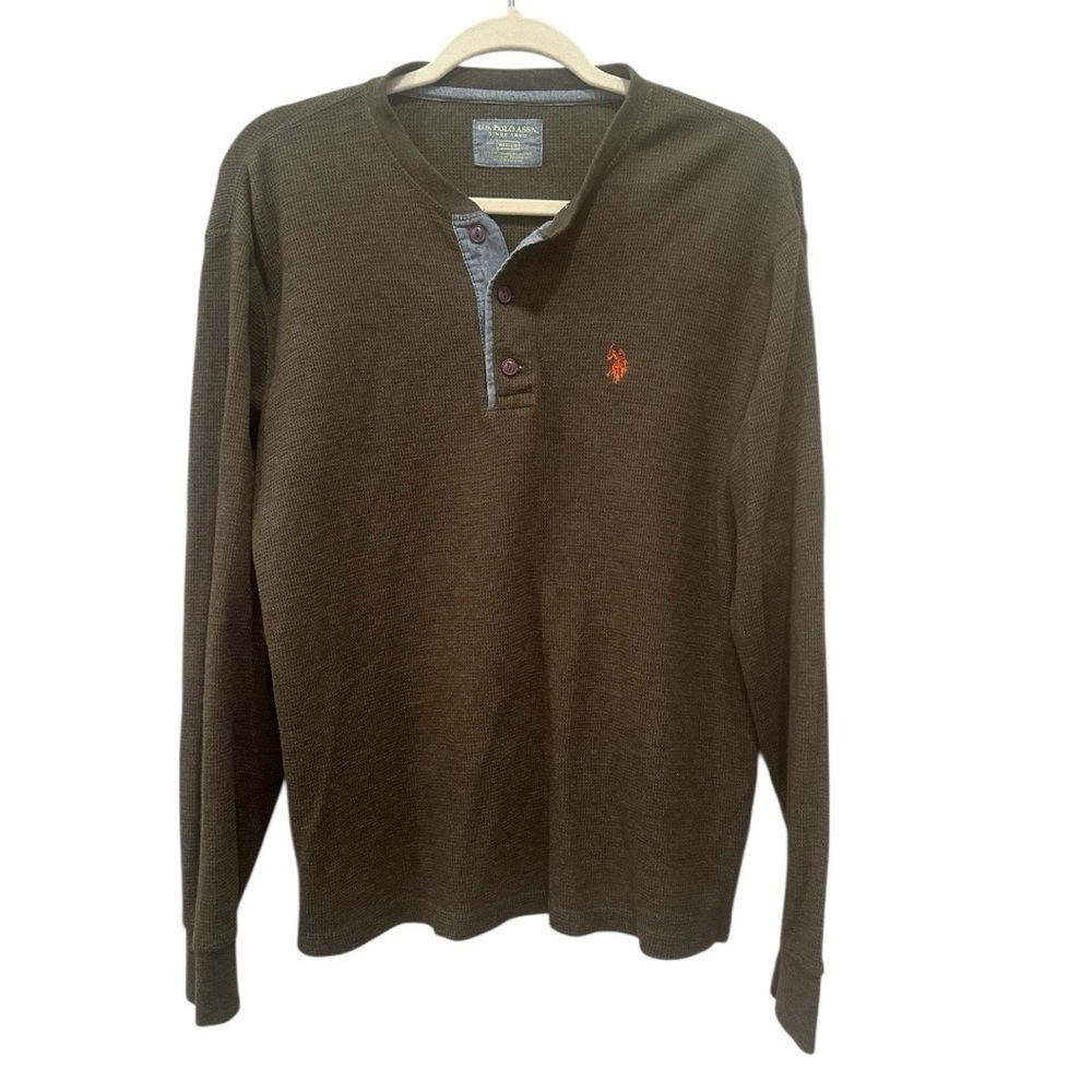 U S Polo Association Men's Olive Long Sleeve Henley Shirt Fall Layer Sz M